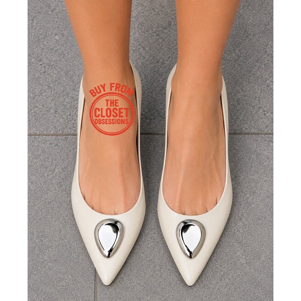 ZARA White Leather Cap Toe Heels NWT Silver Metal Pointed Pumps Size 8 - Picture 4 of 16
